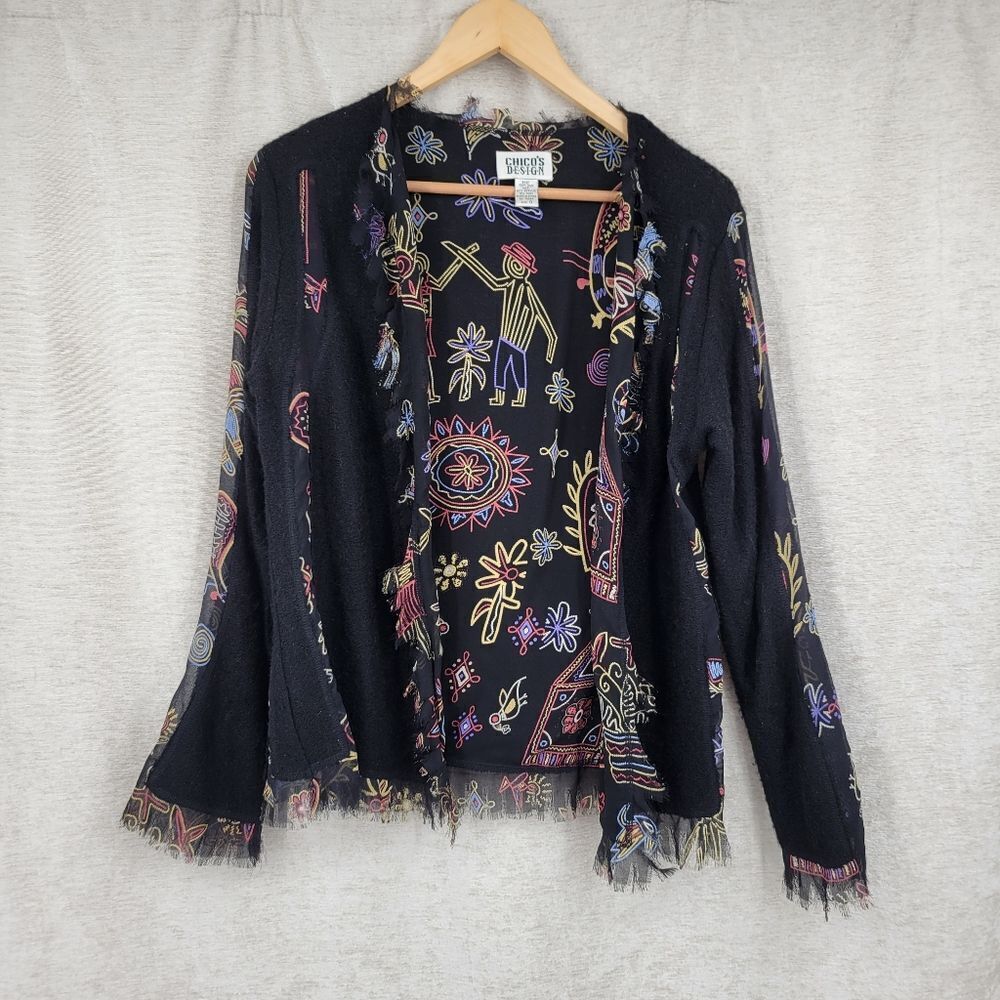 Chico's Silk Chiffon and Wool BlendβKnit Black Open Style Cardigan Jacket